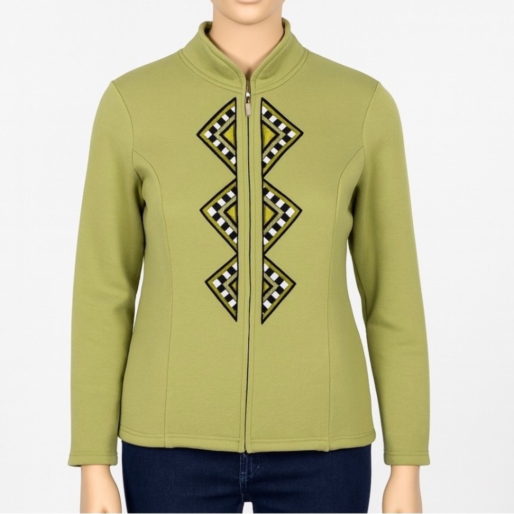 Bob Mackie Wearable‎ Art Cardigan Womens M Green Zip Front Geometric Embroidery
